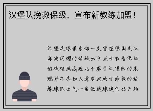 汉堡队挽救保级，宣布新教练加盟！