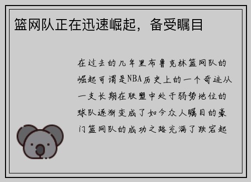 篮网队正在迅速崛起，备受瞩目